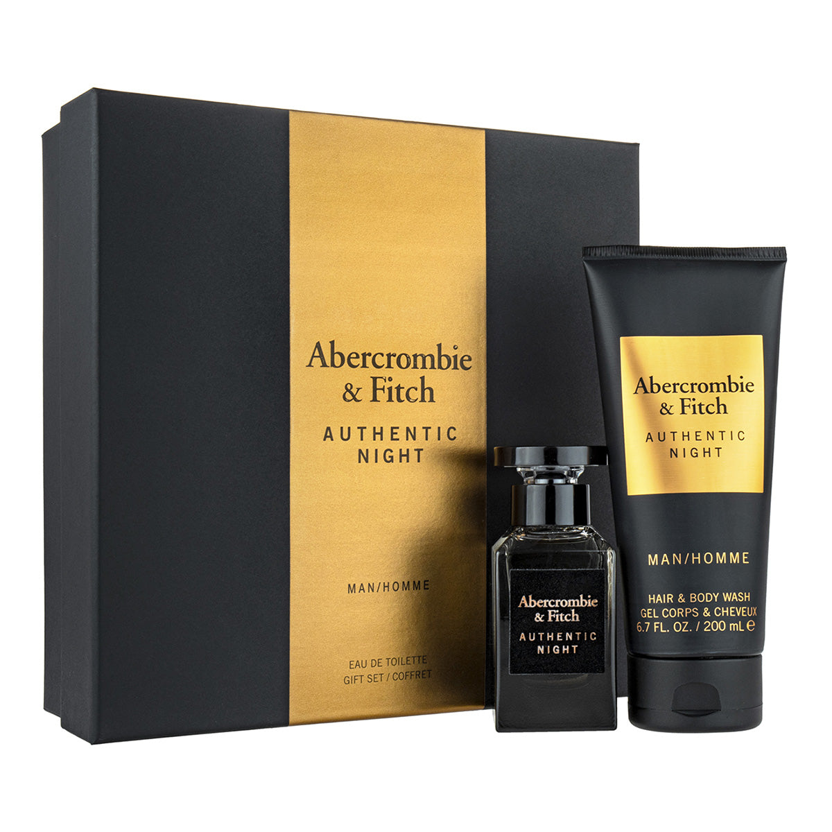 Abercrombie & Fitch Authentic Night gift set with perfume and hair & body wash on a white background