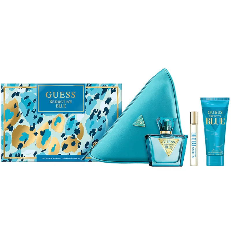 Guess Seductive Blue perfume set with blue packaging and leopard print box on a white background
