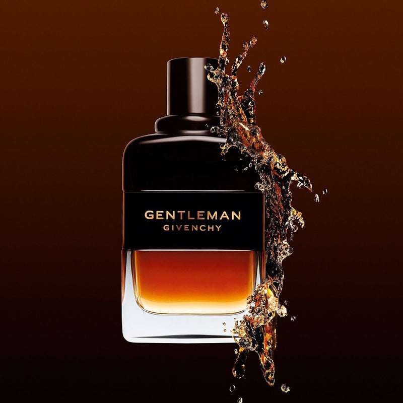 Givenchy Gentleman Reserve Privée Eau De Parfum 200ml bottle with liquid splash on a dark background
