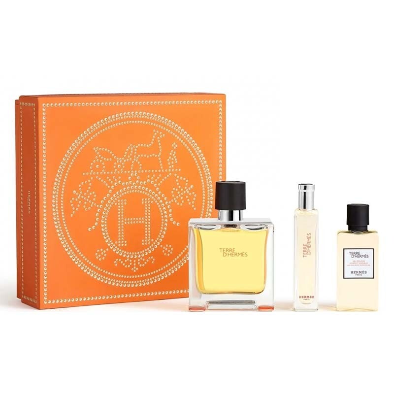 Hermès Terre d'Hermès Parfum gift set with 75ml and 15ml bottles and 40ml hair and body shower gel in the signature deep orange H bottle