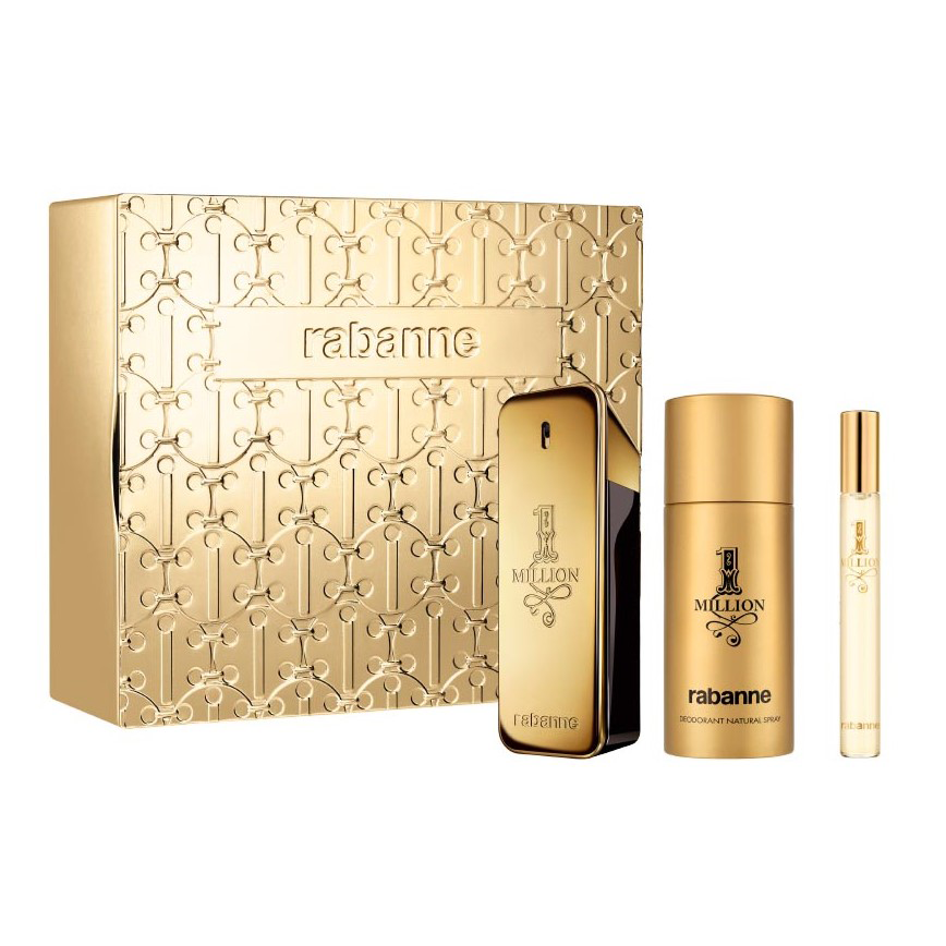 Paco Rabanne 1 Million Eau De Toilette Gift Set with 100ml fragrance, 150ml deodorant spray, and 10ml travel spray in iconic gold-bar design