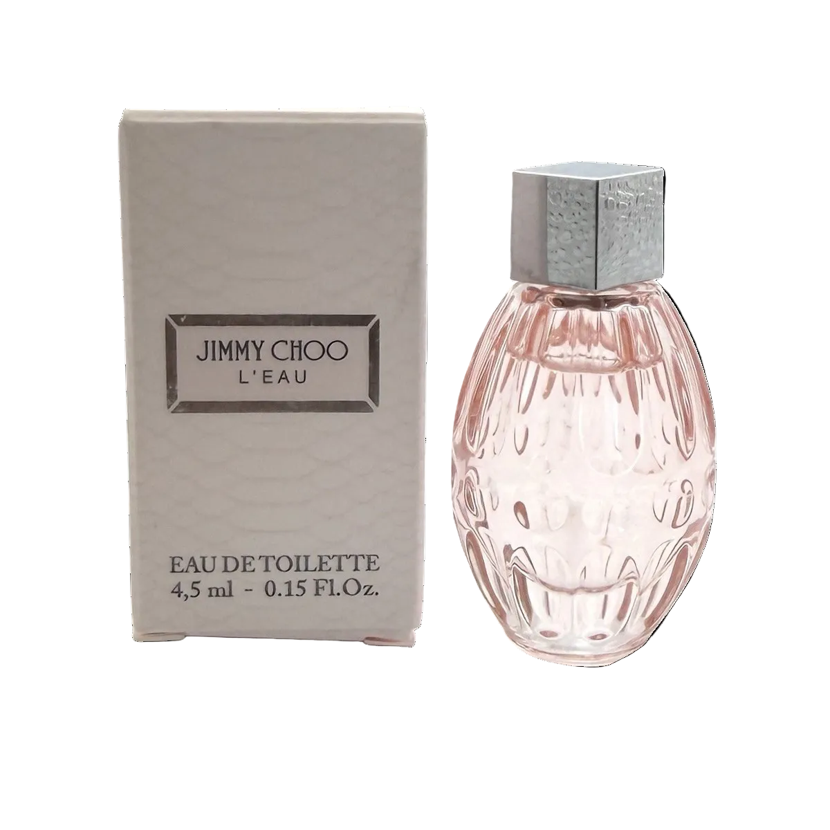 Jimmy Choo L'Eau Eau de Toilette 4.5ml dab-on in a delicate transparent glass bottle with soft pink fragrance and silver details
