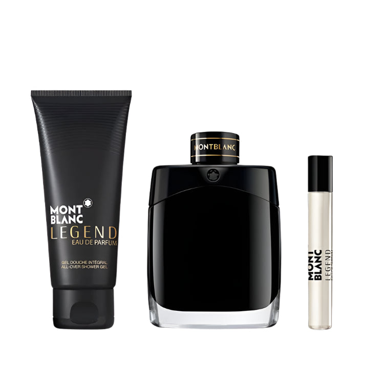 Montblanc Legend Eau De Parfum 100ml perfume bottle, 7.5ml travel spray, and 100ml shower gel
