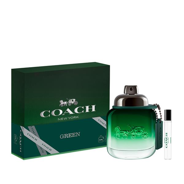 Coach Green Eau De Toilette gift set featuring a 60ml perfume bottle and 7.5ml travel spray in sleek packaging.