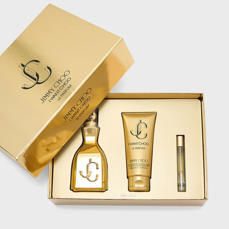 Jimmy Choo I Want Choo Le Parfum set with gold packaging