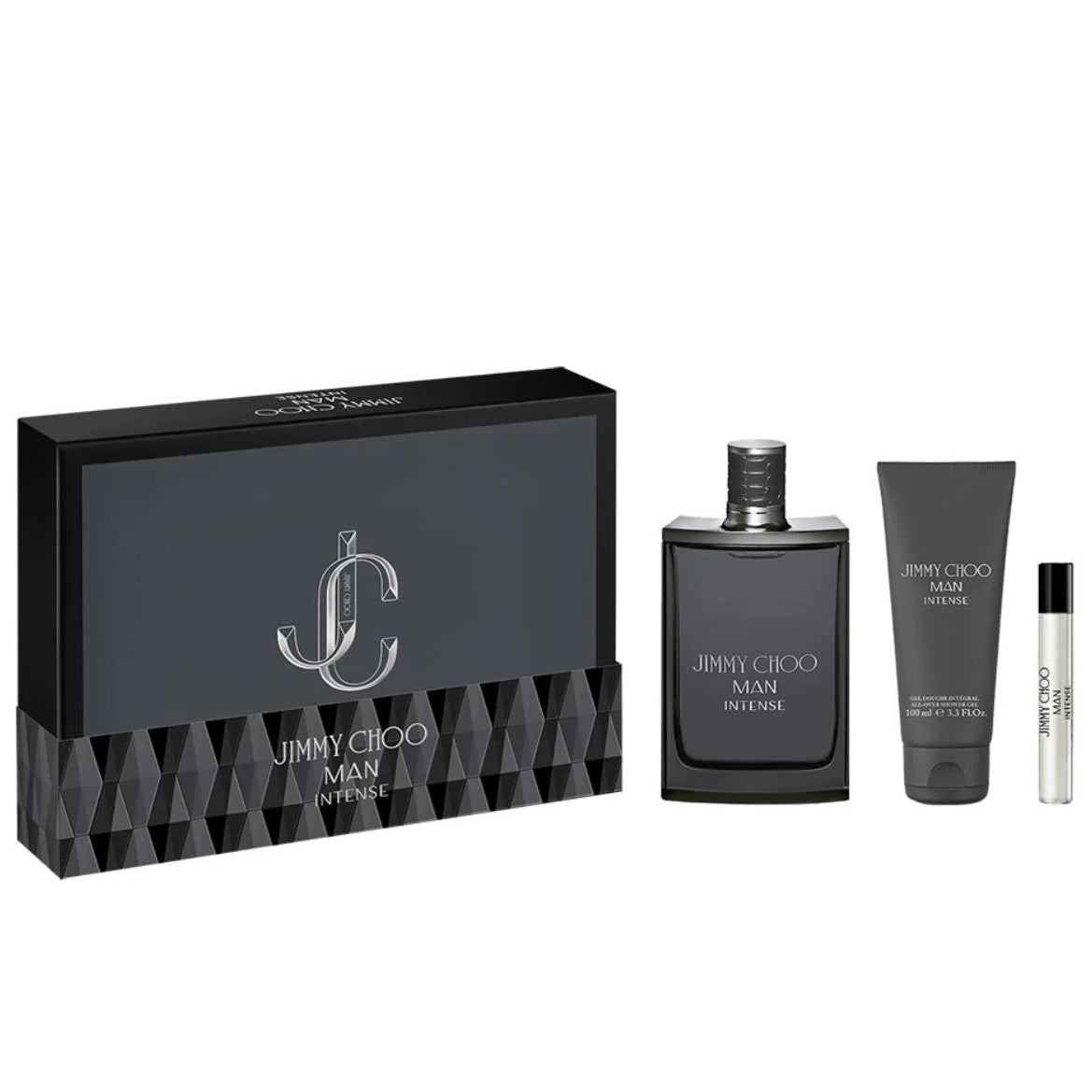 Jimmy Choo Man Intense Eau de Toilette gift set with 100ml and 7.5ml in the iconic silver square flask and 100ml shower gel