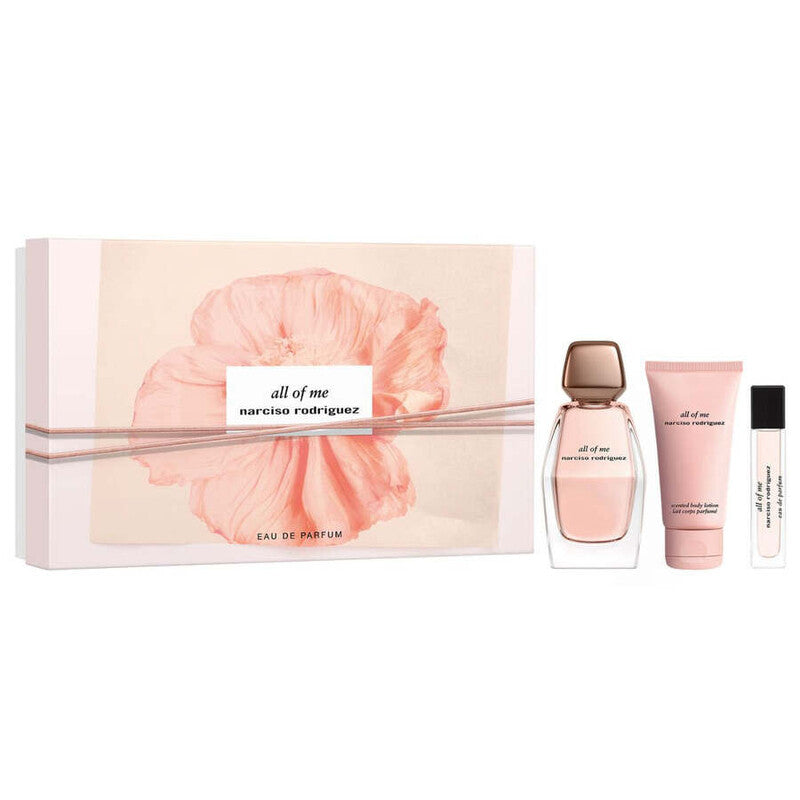 Narciso Rodriguez All Of Me Eau de Parfum gift set with 90ml prismatic bottle, 10ml travel spray and 50ml body lotion on a soft floral background