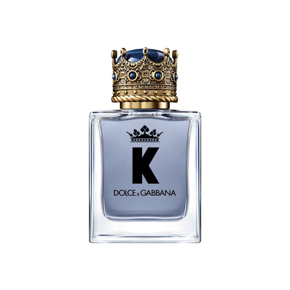 Dolce & Gabbana K perfume bottle with crown cap on a white background