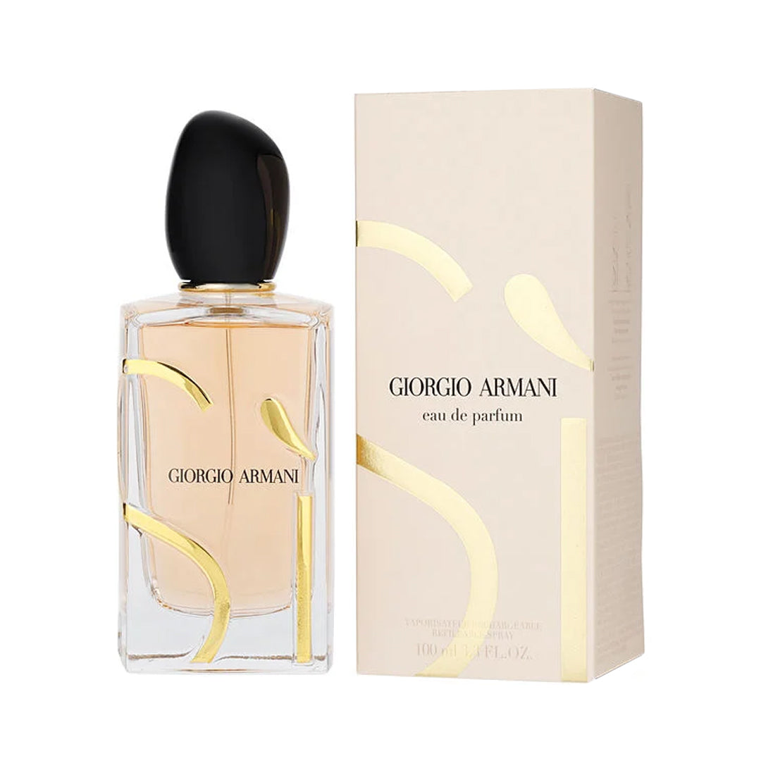 Giorgio Armani Sì Eau de Parfum 100ml in a blush-toned rectangular glass bottle with gold Sì lettering and sleek black cap