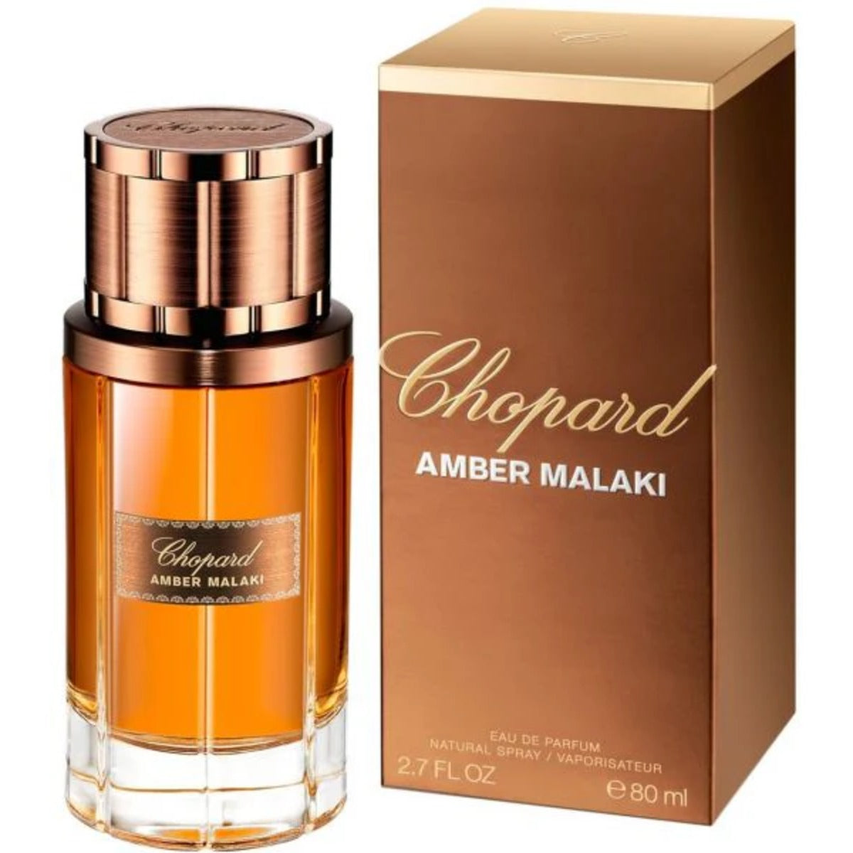Chopard Amber Malaki Eau de Parfum 80ml in a richly ornate golden bottle with embossed detailing from the Malaki Collection
