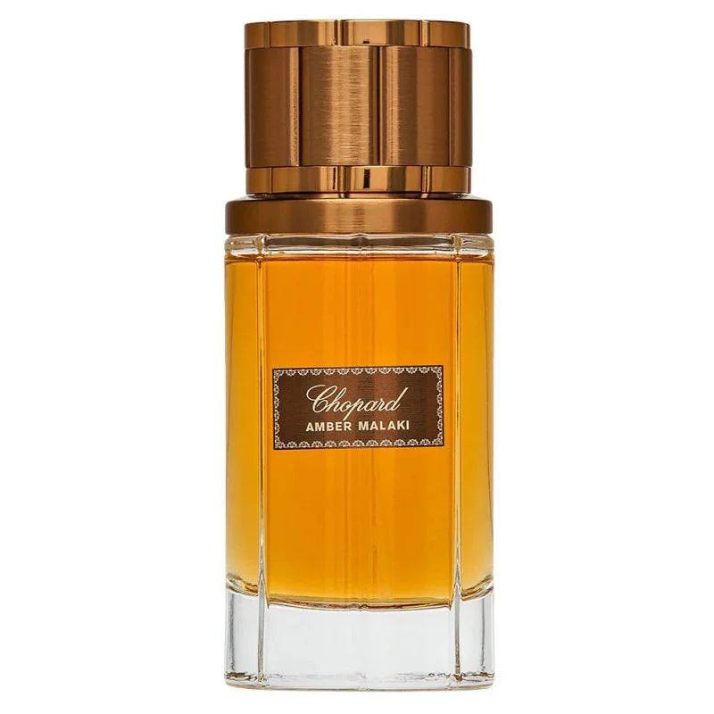 Chopard Amber Malaki Eau de Parfum 80ml in a richly ornate golden bottle with embossed detailing from the Malaki Collection