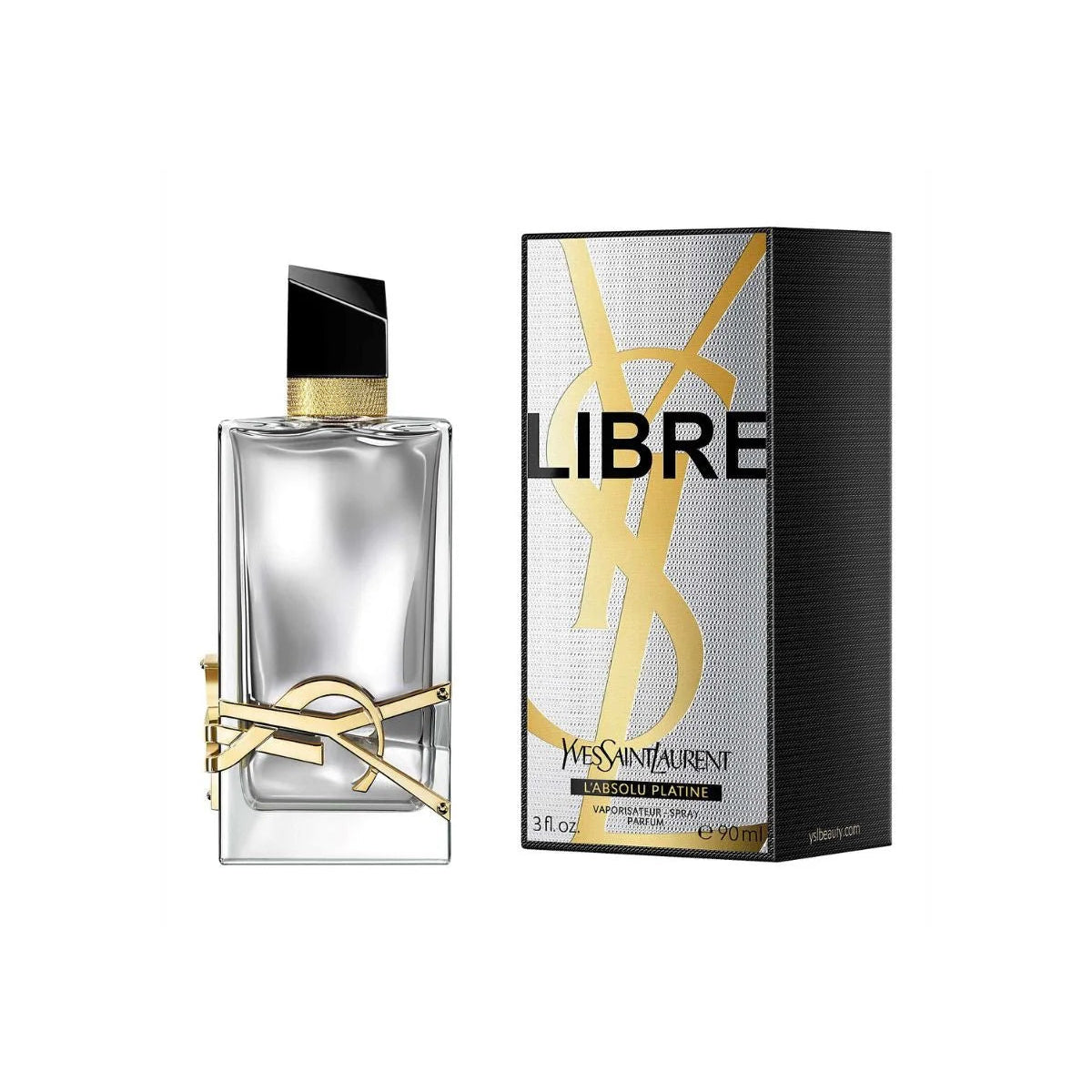 YSL Libre L'Absolu Platine Parfum 90ml in the iconic metallic platinum-toned jewel-like bottle with gold YSL logo and black cap