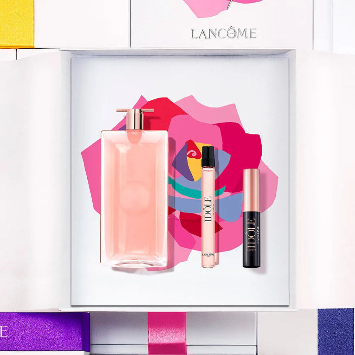 Lancôme Idôle Le Parfum 50ml, 10ml travel spray, and Lash Idôle Mascara 2.5ml gift set in elegant packaging