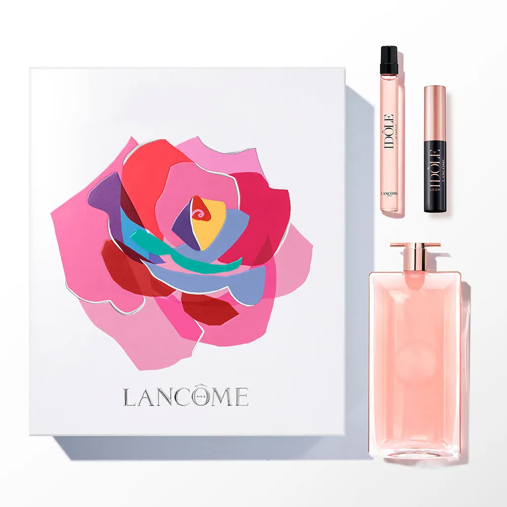Lancôme Idôle Le Parfum 50ml, 10ml travel spray, and Lash Idôle Mascara 2.5ml gift set in elegant packaging