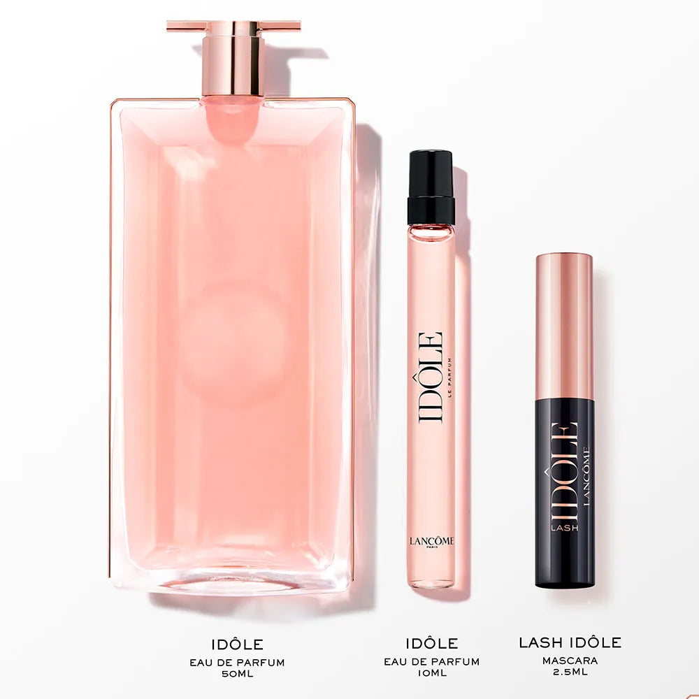 Close-up of Lancôme Idôle perfume bottles and Lash Idôle mascara showcasing sleek design and glossy black finish