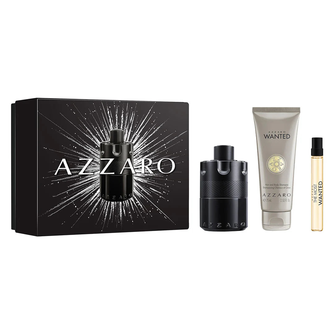 Azzaro The Most Wanted Eau De Parfum Intense 100ml 10ml and Hair Body Shampoo with Azzaro branded box