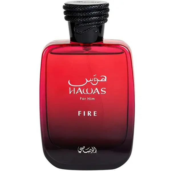 Rasasi Hawas Fire Eau de Parfum 100ml in a sleek contemporary bottle with fiery red accents, a bold Arabian fragrance for men