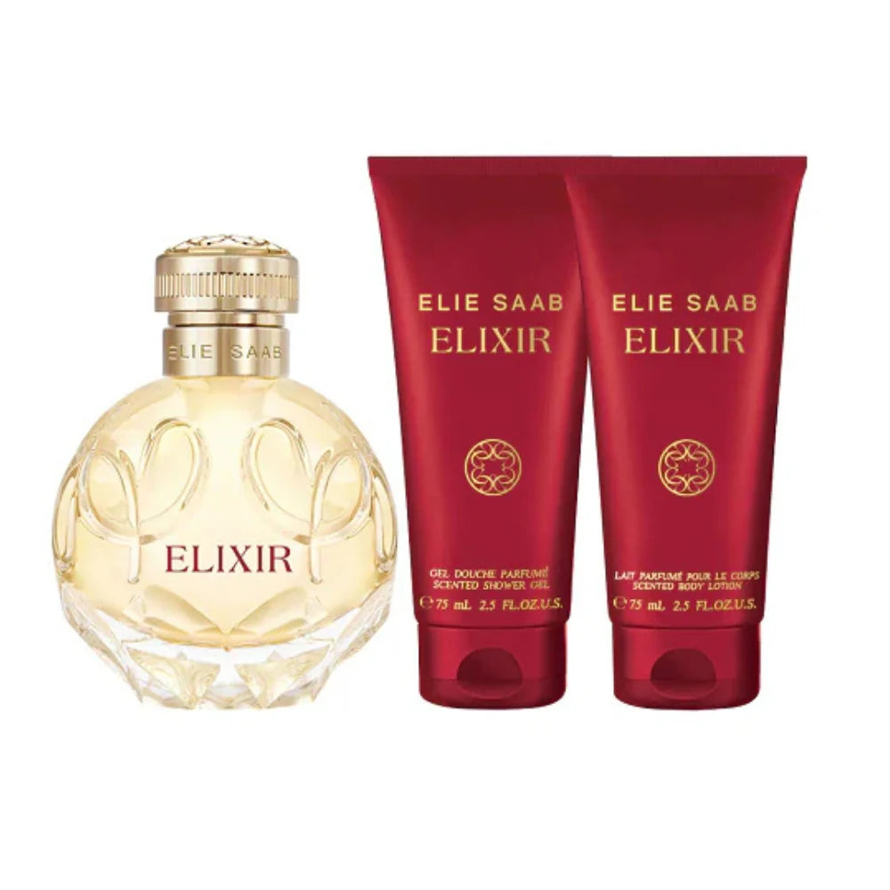 Close up of Elie Saab Elixir Eau De Parfum gift set with 100ml perfume bottle, body lotion, and shower gel