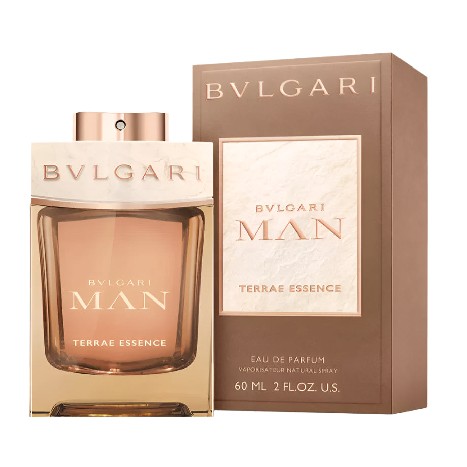 Bvlgari Man Terrae Essence perfume bottle and packaging on a white background
