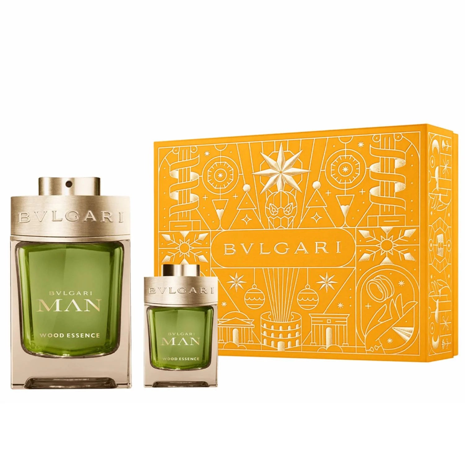 Bvlgari Man Wood Essence Eau de Parfum set with 100ml and 15ml in the deep green and gold bottle with engraved Bvlgari cap