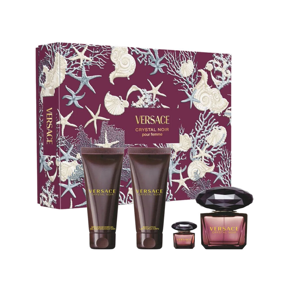 Versace Crystal Noir Eau de Parfum gift set with 90ml perfume, 5ml mini, shower gel, and body lotion