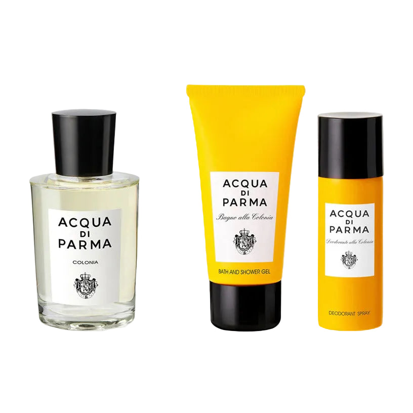 Acqua di Parma perfume, shower gel, and after shave on a white background