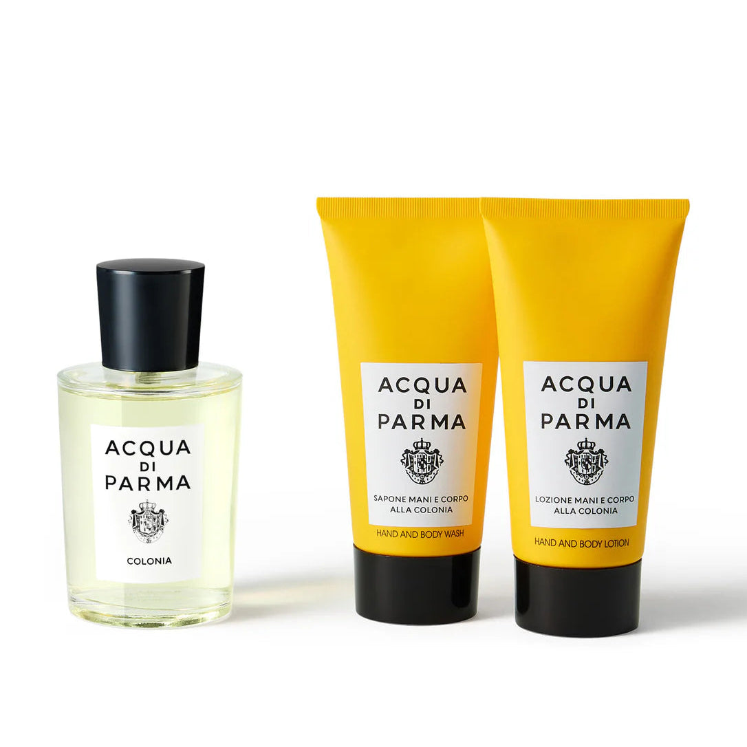 Acqua di Parma Colonia gift set with 100ml Eau de Cologne, 75ml hand and body wash and 75ml body lotion in the iconic bottle