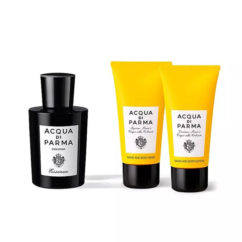 Acqua di Parma Colonia Essenza gift set with 100ml Eau de Cologne, 75ml hand and body wash and 75ml body lotion in the iconic Art Deco bottle