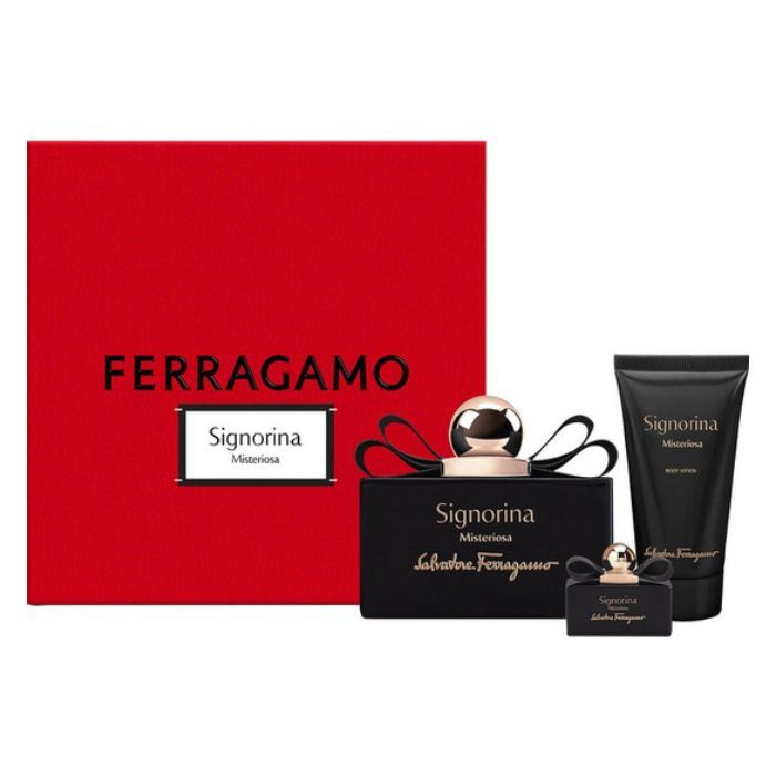 Ferragamo Signorina Misteriosa perfume set with red box, 100ml and 5ml bottle and body lotion on a white background