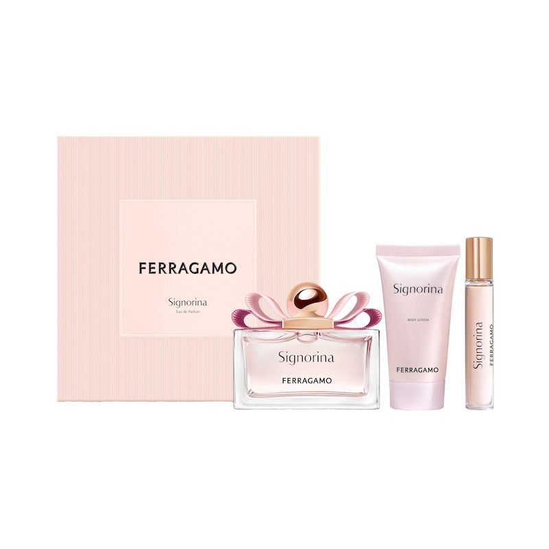 Ferragamo Signorina perfume set with pink packaging on a white background
