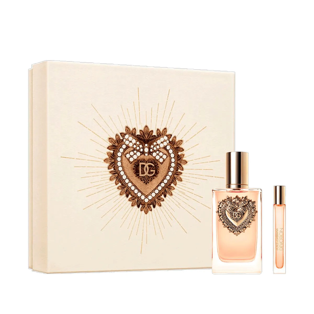 Dolce & Gabbana Devotion Eau de Parfum set with 100ml and 10ml bottles featuring the signature Sacred Heart design
