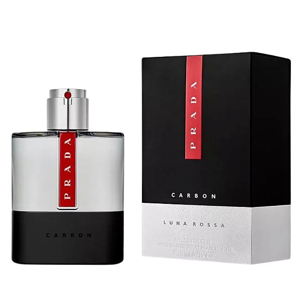Prada Luna Rossa Carbon perfume bottle and packaging on a white background