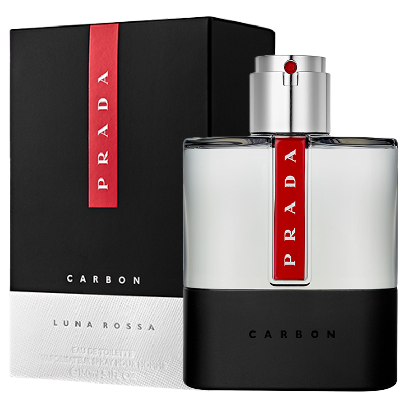 Prada Luna Rossa Carbon perfume bottle and packaging on a white background