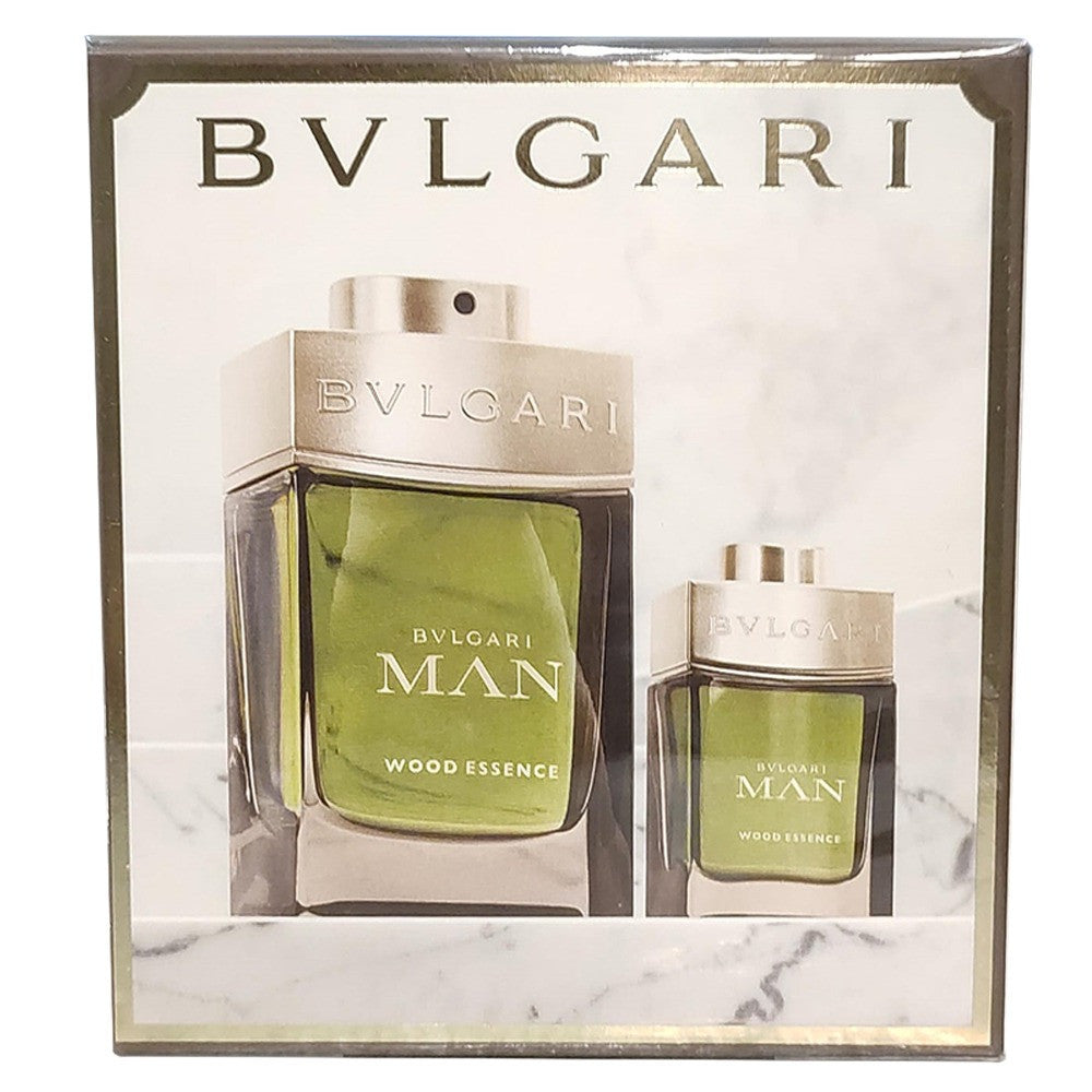 Bvlgari Man Wood Essence Eau De Parfum Gift Set with 100ml bottle and 15ml travel spray in elegant green and silver packaging