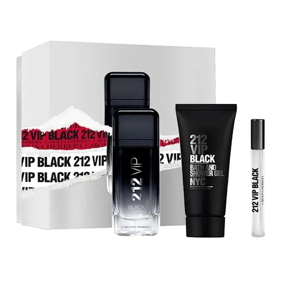 Carolina Herrera 212 VIP Black Eau De Parfum 100ml 10ml and Shower Gel 100ml with silver fragrance set box