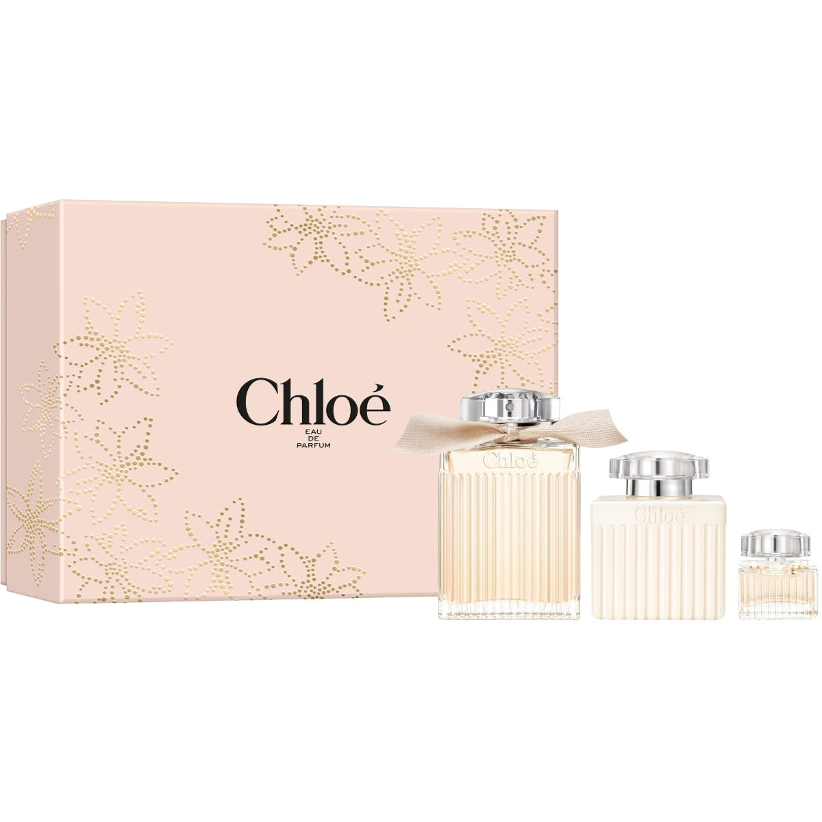 Chloé Eau de Parfum gift set with 100ml bottle, 10ml spray and 100ml body lotion in the iconic pleated glass bottle with hand-tied ribbon