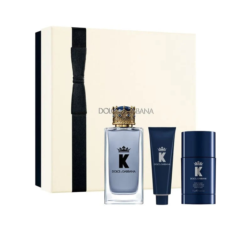 Dolce & Gabbana K Eau De Toilette gift set with 100ml perfume bottle, 50ml shower gel, and 75g deodorant stick in elegant packaging