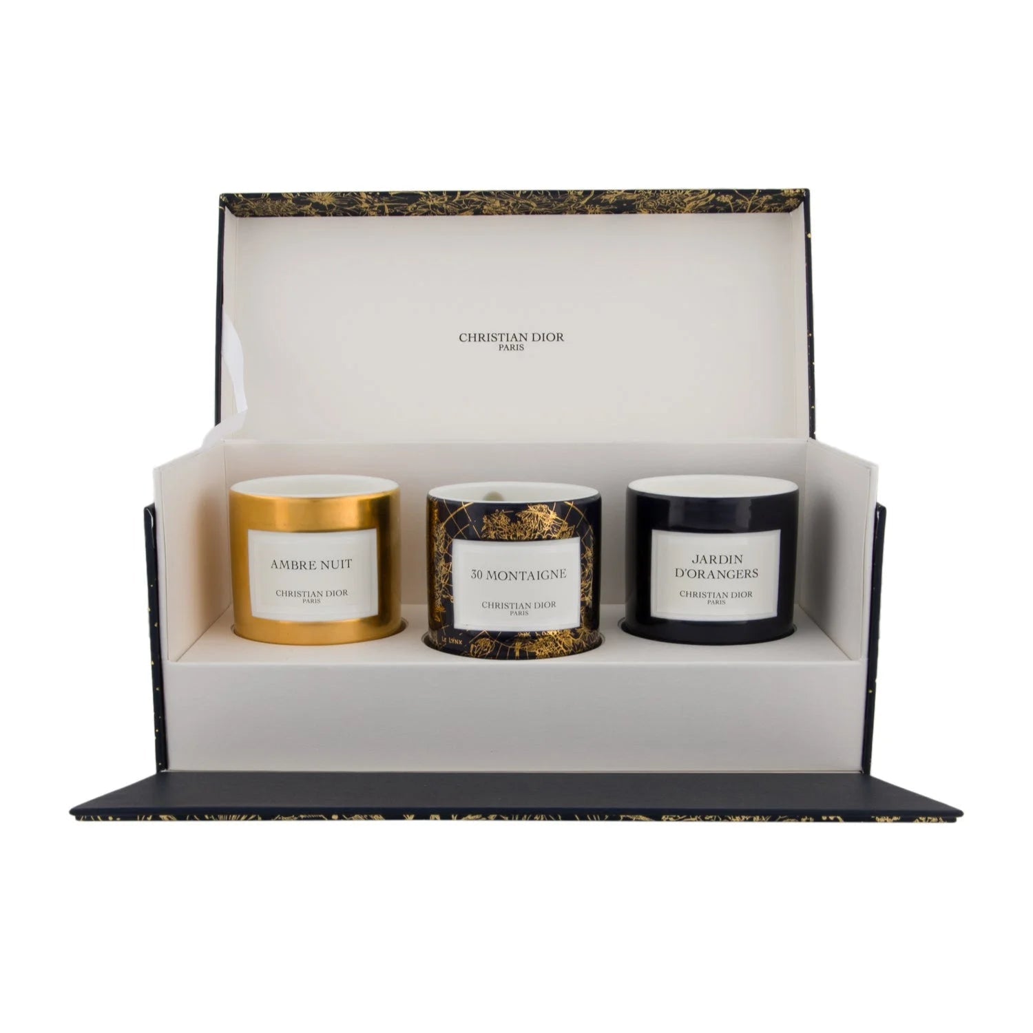 Christian Dior Scented Candles Discovery Set featuring Ambre Nuit, 30 Montaigne, and Jardin d’Orangers in luxury gift box