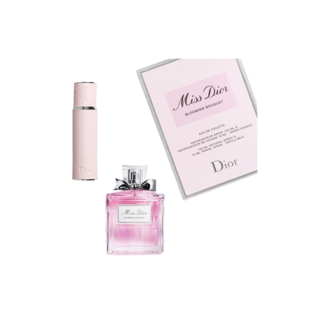 Dior Miss Dior Blooming Bouquet Eau De Toilette gift set with 100ml perfume bottle and 10ml travel spray in elegant packaging