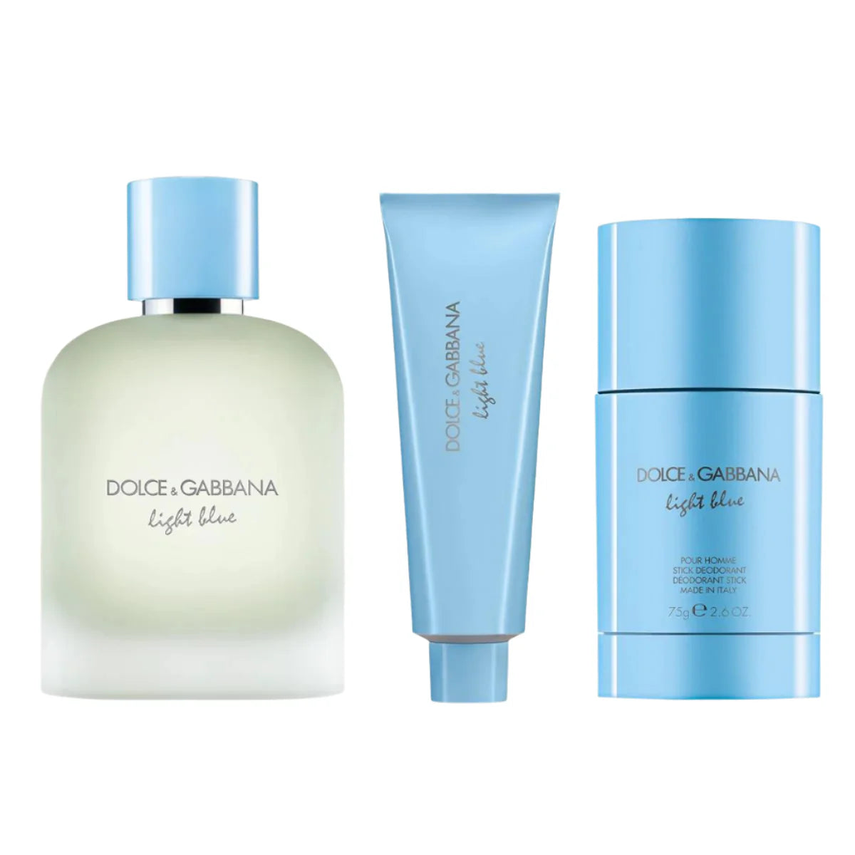 Dolce & Gabbana Light Blue Pour Homme gift set with 100ml perfume bottle, 75g deodorant stick, and 50ml shower gel