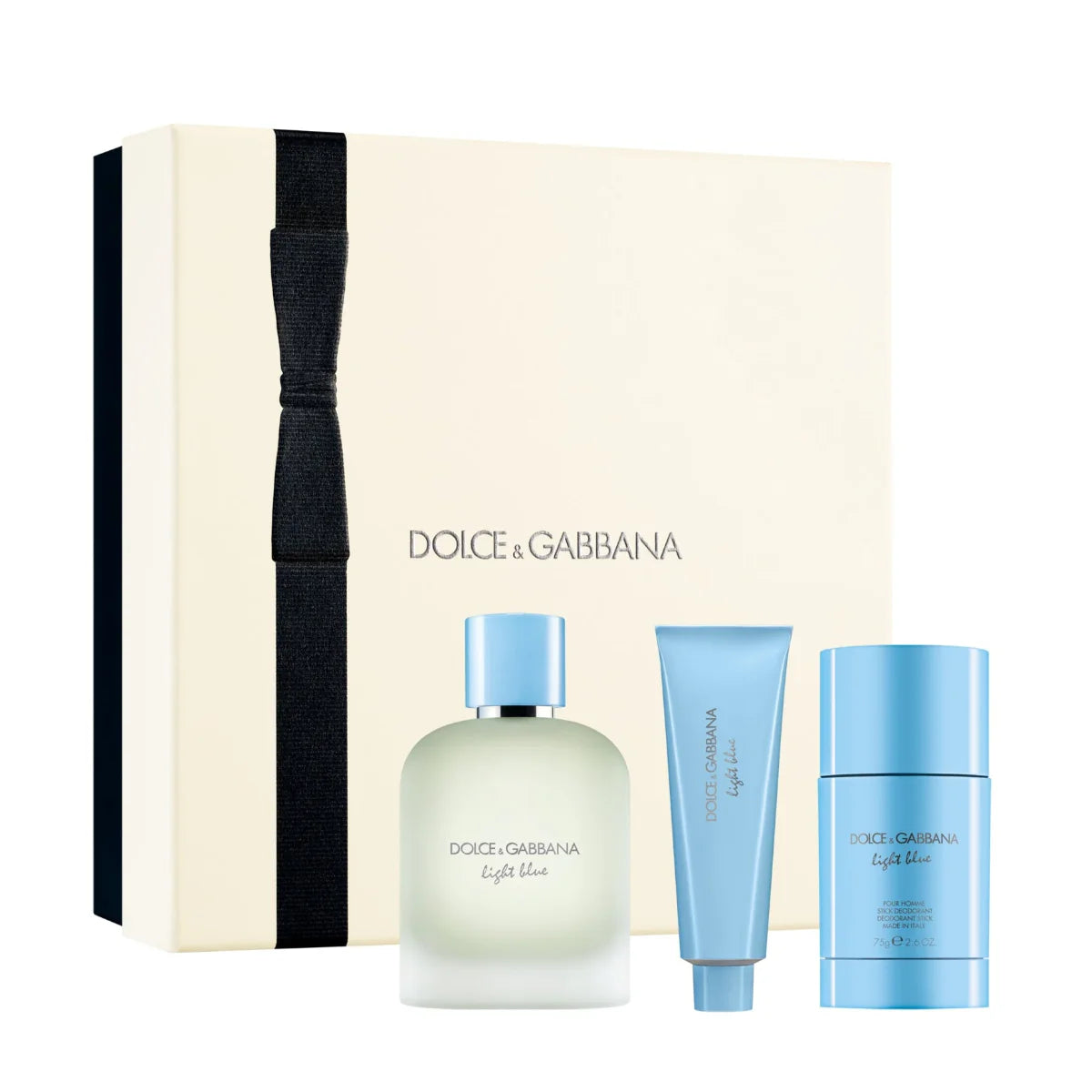 Dolce & Gabbana Light Blue Pour Homme gift set with 100ml perfume bottle, 75g deodorant stick, and 50ml shower gel in elegant packaging