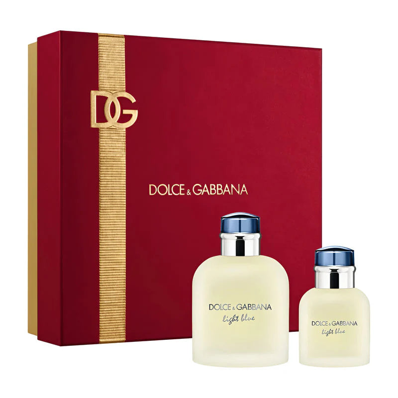 Dolce & Gabbana Light Blue Pour Homme Eau De Toilette 200ml and 40ml bottles displayed side by side with an elegant red box in the backgroud