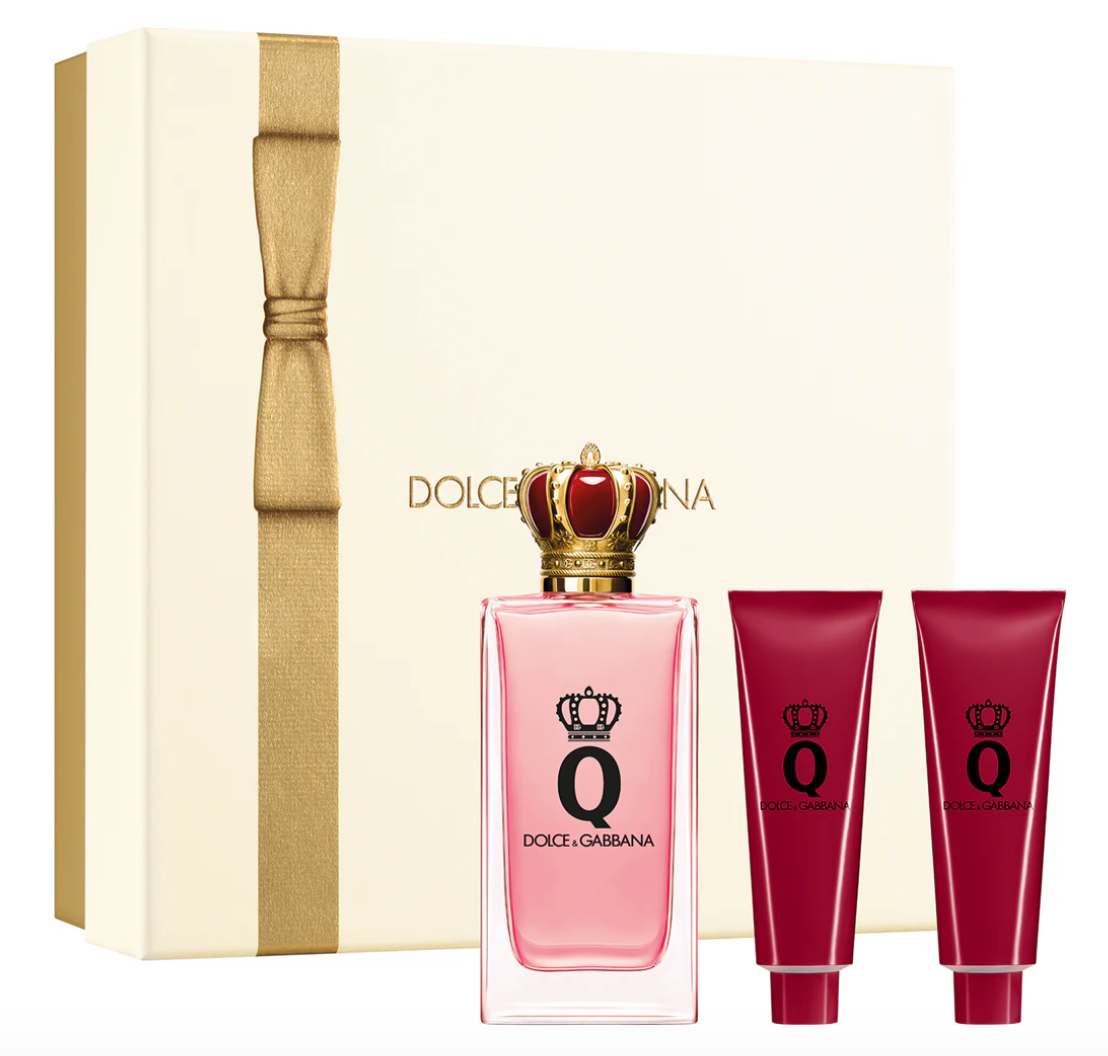 Dolce & Gabbana Q Eau De Parfum gift set with 100ml perfume bottle, 50ml body lotion, and 50ml shower gel in elegant packaging