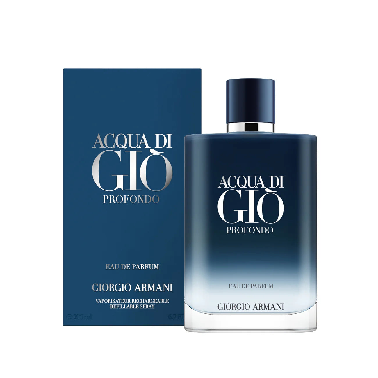 Giorgio Armani Acqua di Gio Profondo edp perfume bottle and packaging on a white background