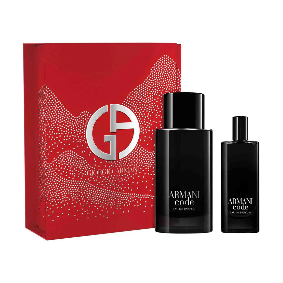 Giorgio Armani Code Men Eau De Parfum 75ml and 15ml and a red box on a white background