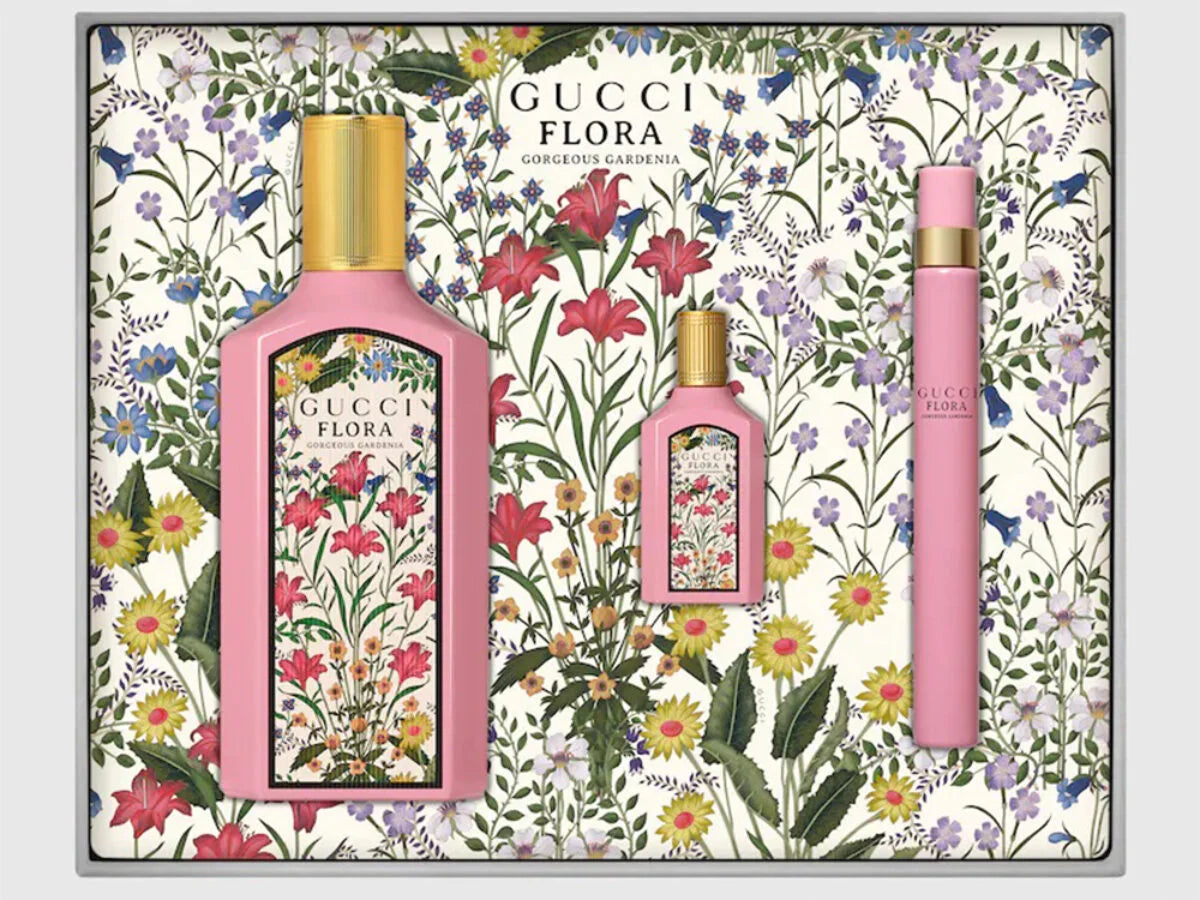 Gucci Flora perfume set with floral design packaging