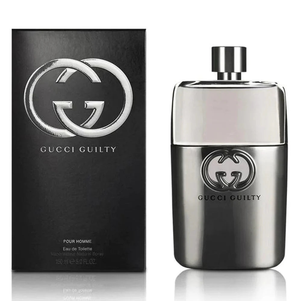 Gucci Guilty Pour Homme edt perfume bottle and packaging on a white background