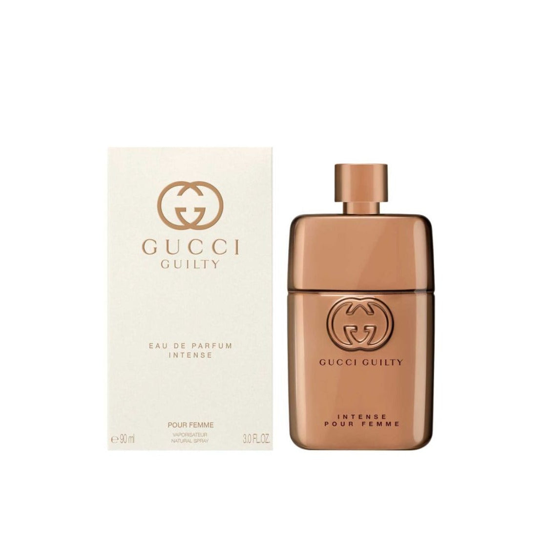 Gucci Guilty intense women perfume bottle and packaging on a white background