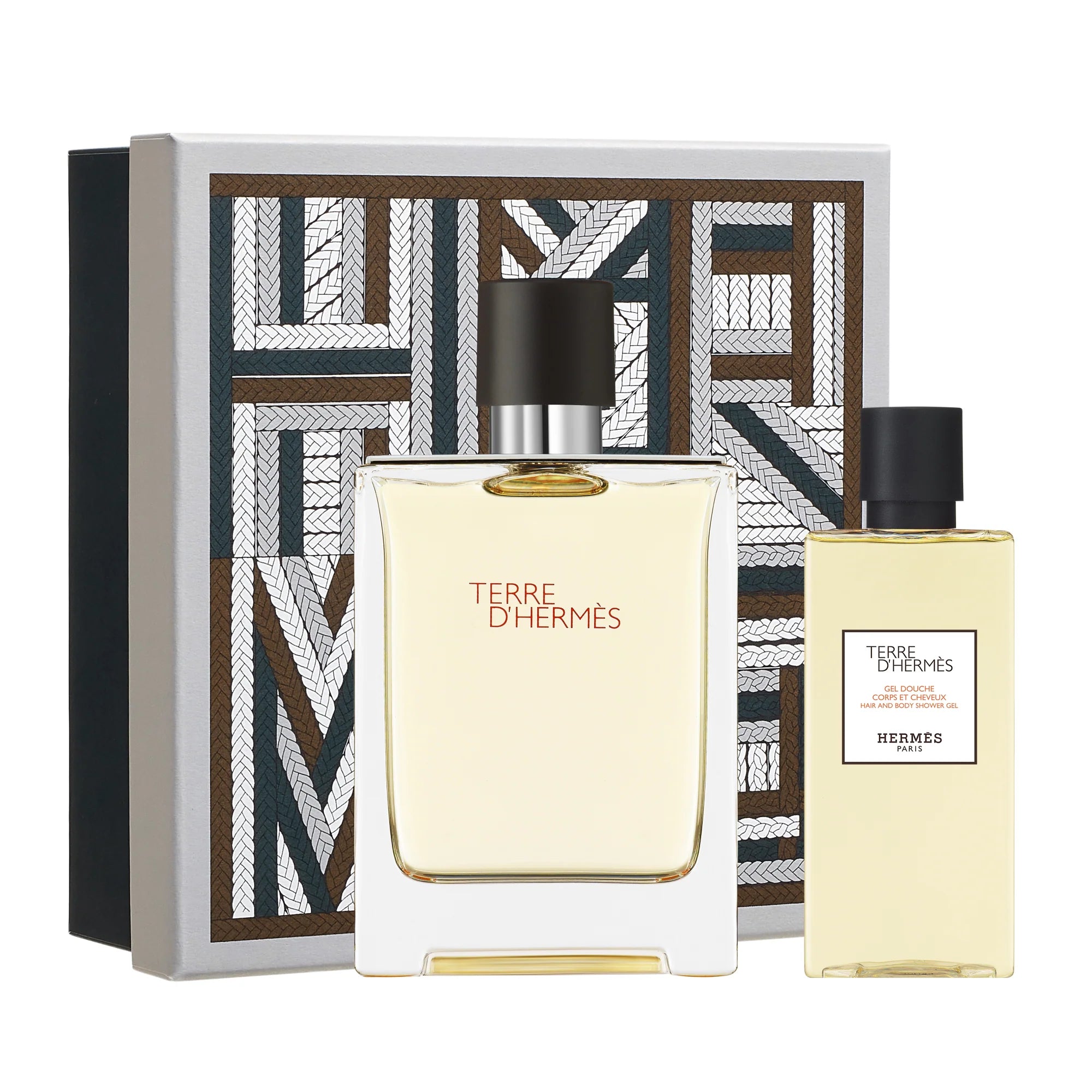 Terre d’Hermès Eau De Toilette 100ml and Shower Gel 80ml with an elegant, decorative box on a white background