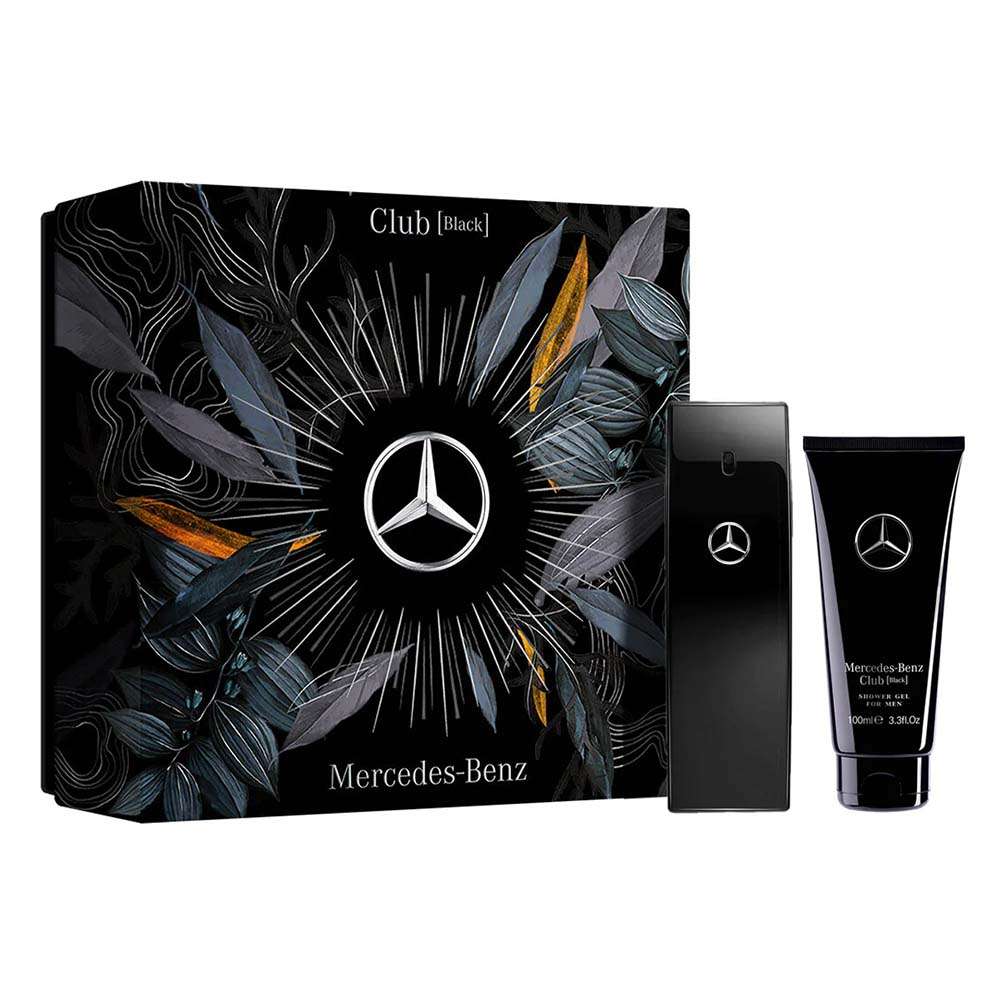 Mercedes-Benz Club Black Eau de Toilette gift set with 100ml bottle and 100ml shower gel in sleek black packaging with silver Mercedes-Benz branding